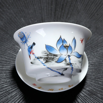 China Gaiwan Porcelain Handpainted Under Glaze Ceramic Tea Cup Bowl Saucer Lid