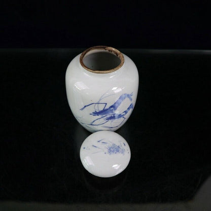 Old Chinese Pots Blue and White Porcelain Hand Painted Shrimp Jar