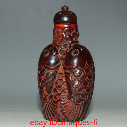 An Early Chinese Collectible Natural Ox Horn Double Fish Snuff Bottle