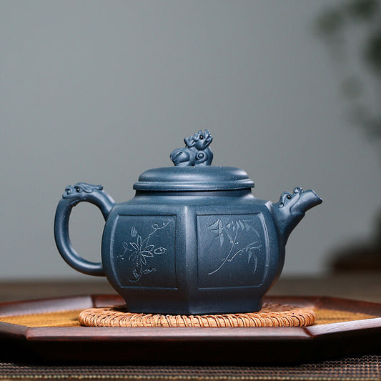 5.4"Chinese Yixing Zisha Pottery Celeste Clay 270ML Mesh Six Sides Lion Teapot