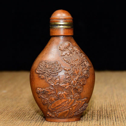 Hand Carved Boxwood Snuff Bottle Plum Blossom Pattern Wooden Collectible 7.5cm