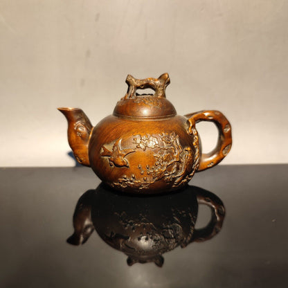 Chinese Antique Boxwood Carved Magpie Teapot Statue hobbies interests mahjong