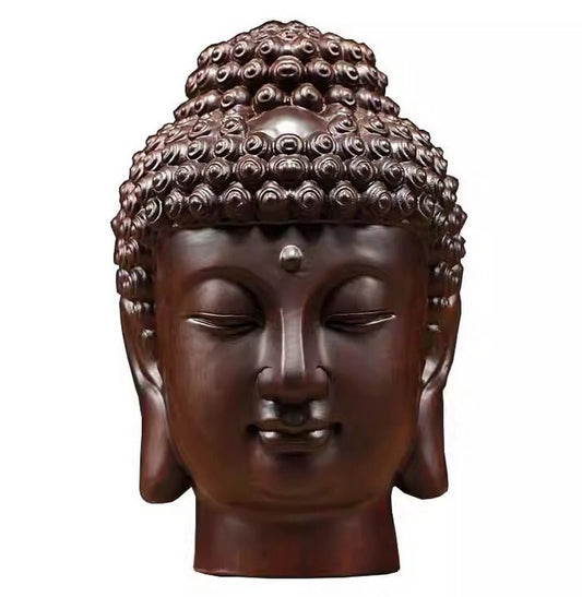 12" Natural Ebony Wood Carved Sakyamuni Buddha Head Statue Buddhism Collection