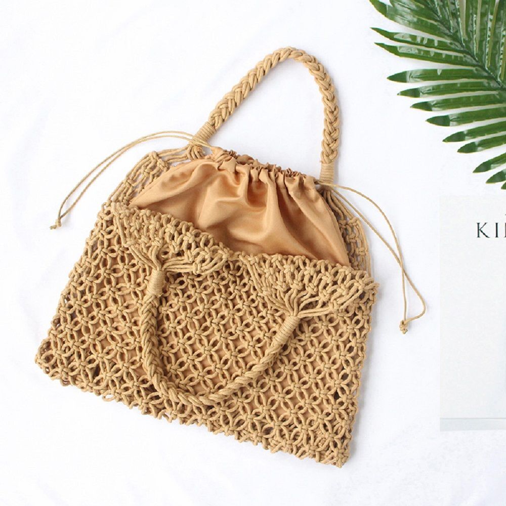 Summer Woven Beach Bag Handmade Hollow Out Straw Bag Tote Cotton Rope Crochet