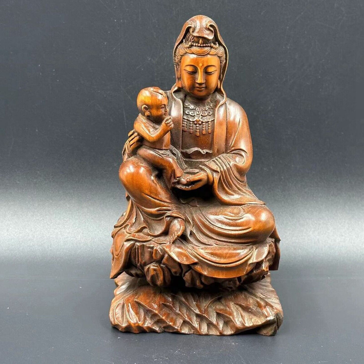 Collection Chinese Boxwood Carving Kwan Yin Statue Wooden Sculptures Home Decor
