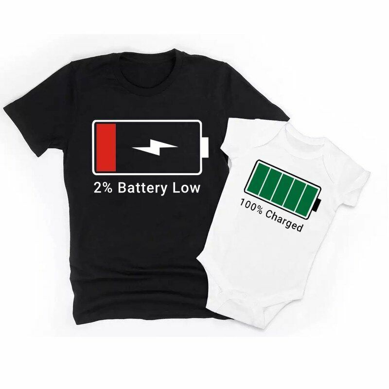 Family Matching T-Shirts Mommy Low Battery Charged Father Kids Baby Bodysuit Son