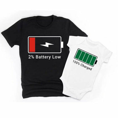 Family Matching T-Shirts Mommy Low Battery Charged Father Kids Baby Bodysuit Son