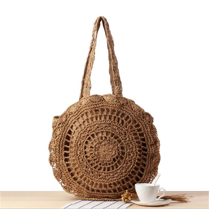 Womens Hollow-out Crochet Round Soft Straw Beach Bags One-Shoulder Shopping Bags