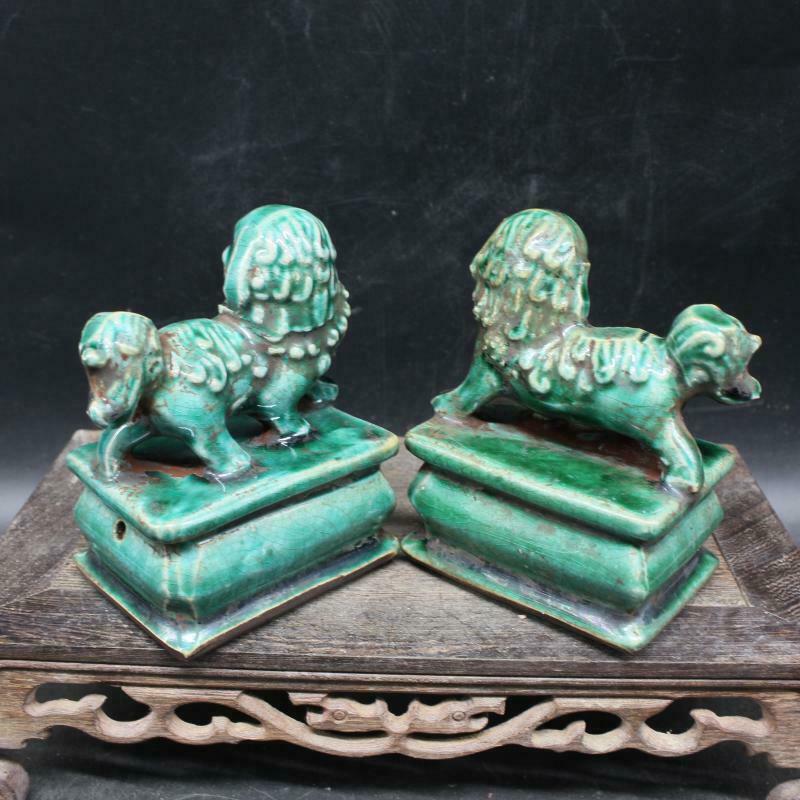 Pair Chinese Marked Green Glazed Porcelain Foo Dog Palace Lions Collected