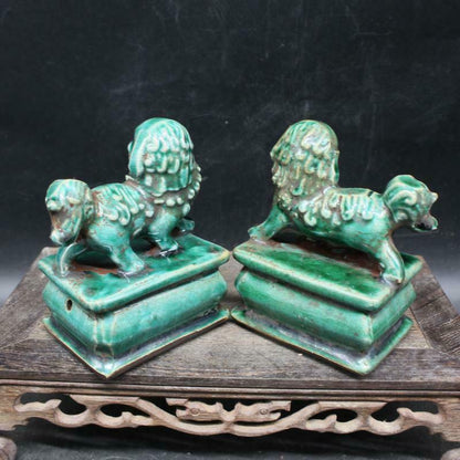 Pair Chinese Marked Green Glazed Porcelain Foo Dog Palace Lions Collected