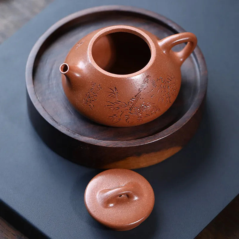 180ml Yixing Handmade Zisha Hand-carved Bamboo Stone Purple Clay Tea Set