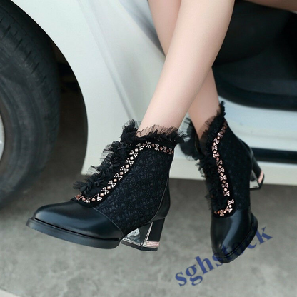 Womens Gladiator Low Block Heel shoes Ankle Boots Mesh Lace Crystal Zip Punk New
