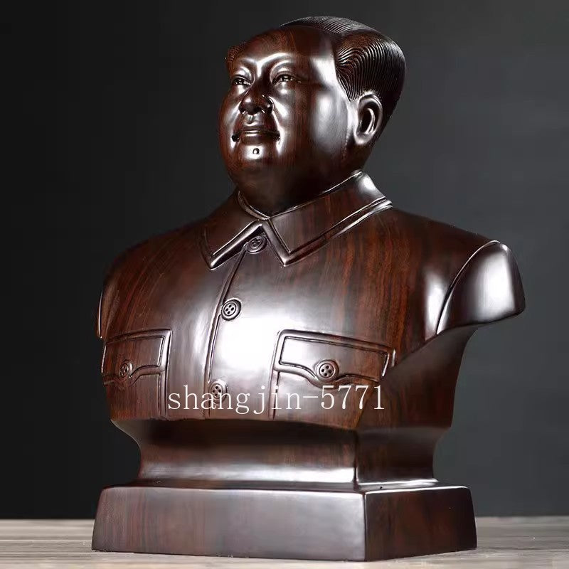 10" Solid Ebony Wood Carved Mao Zedong Bust Statue Chairman Mao Figurine
