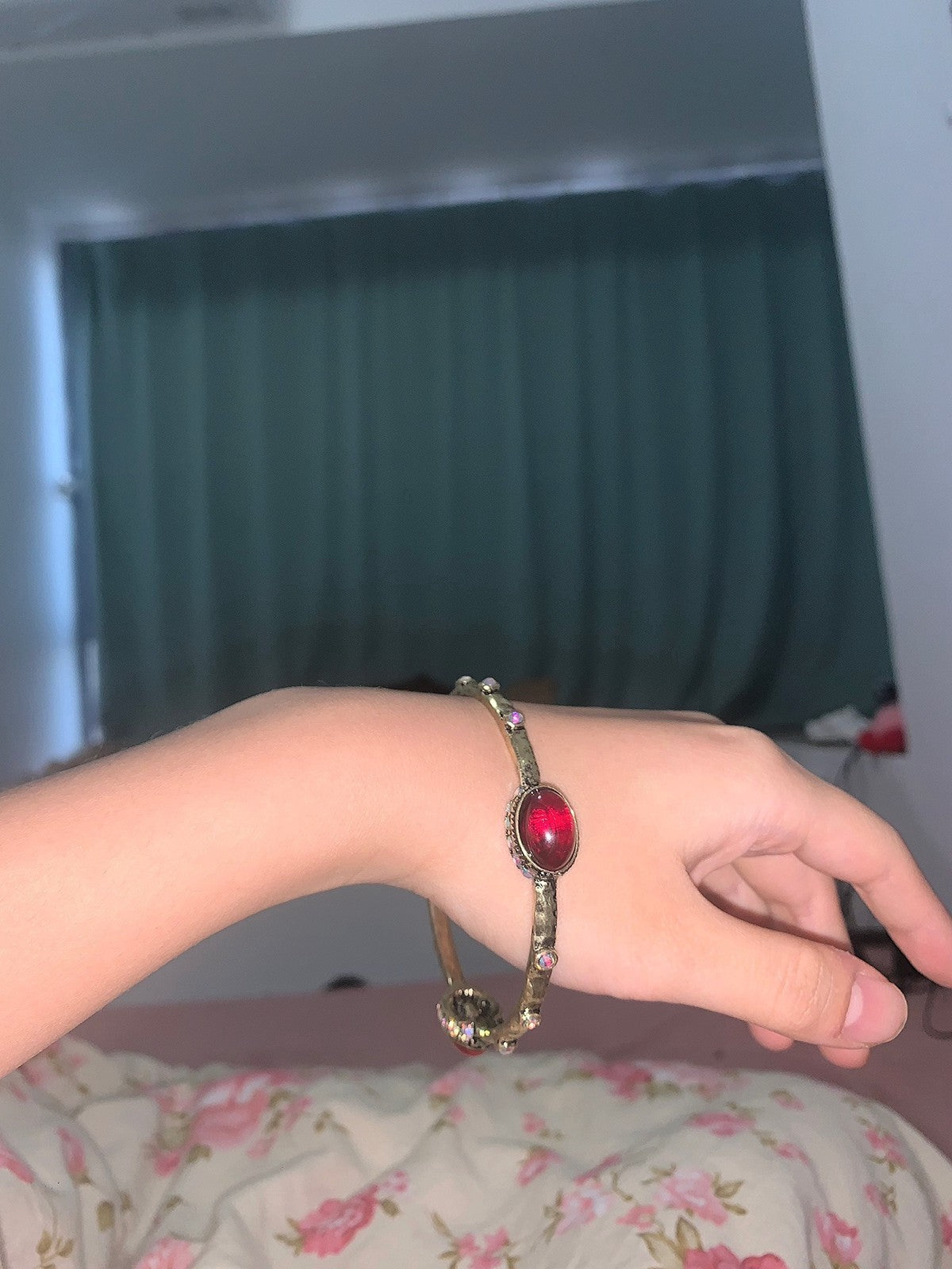 Vintage Ornate Red Crystal Bangle Antique Bronze Statement Cuff Bracelet