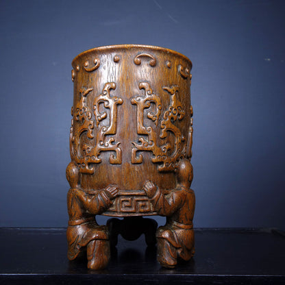 Antique Chinese Rosewood Carved Exquisite Buddha Statue Dragon Statue Brush Pot