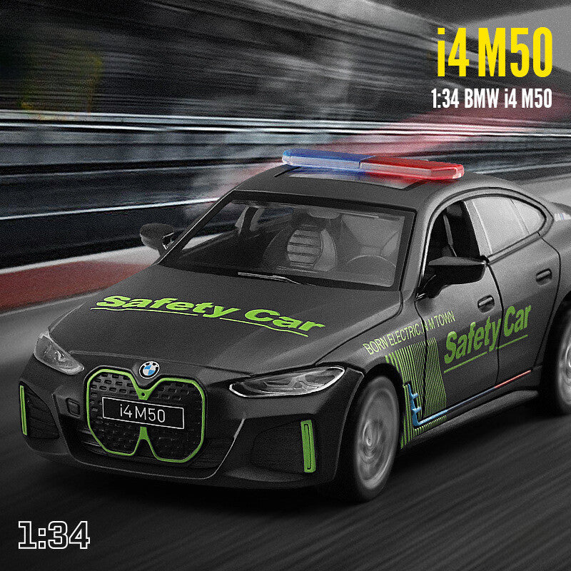 1:34 Diecast BMW i4 M50 Safety Car Metal Car Model Toy Pull Back Sound Gift