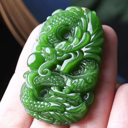 100% Natural green Chinese Hetian Jade 100% Hand-carved dragon Pendant.