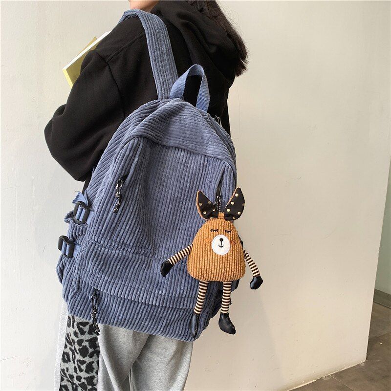 Corduroy Backpack Cartoon Cute School Bag Large Women Corduroy 35-55L Brown/Blue