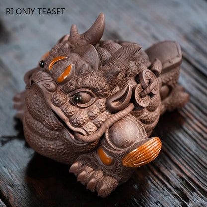 5.12" Lucky Golden Toad Statue Ornaments Yixing Purple Clay Tea Pet Handmade