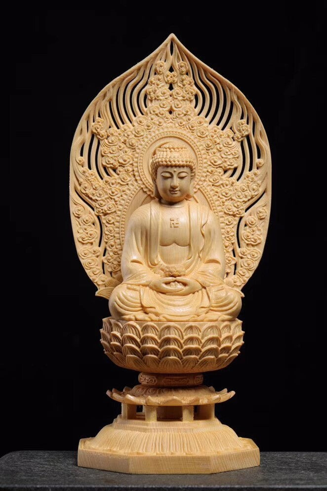 Chinese Juniper Wood Sakyamuni Buddhism Ru-laistatue桧木.座莲阿弥陀佛