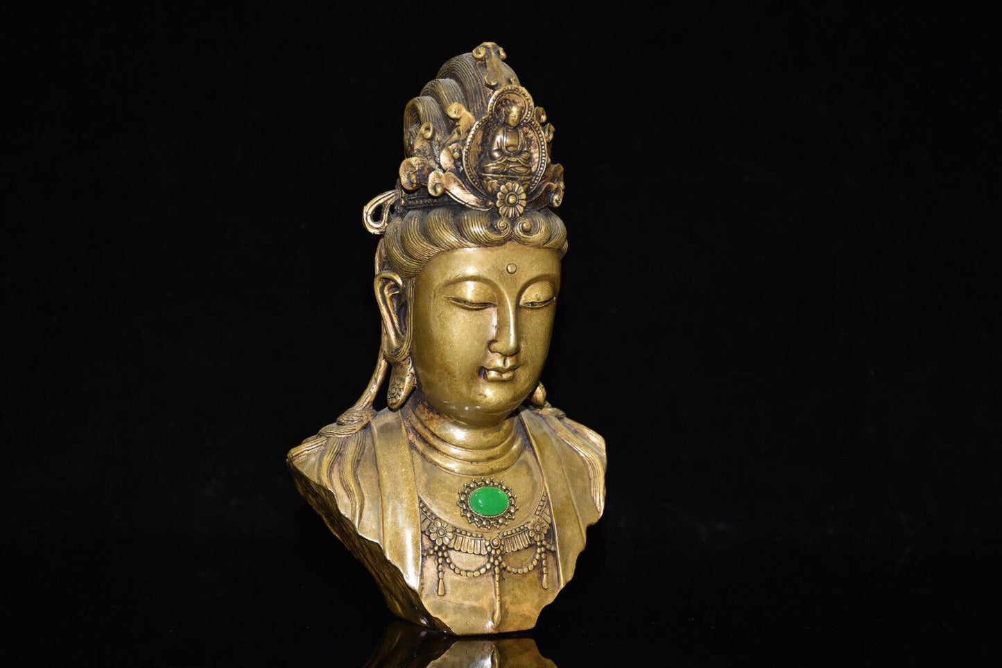 Ancient brass inlaid gemstone Guanyin head ornament