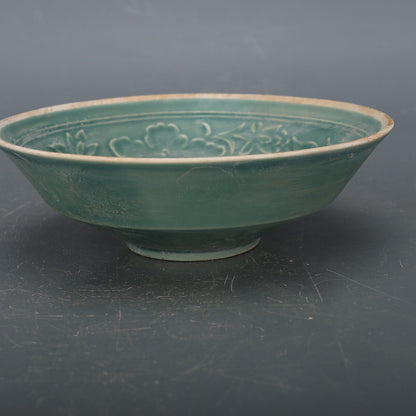 4.9" China Ding Kiln Porcelain Emerald Green Glaze Carve Mandarin Duck Bowl