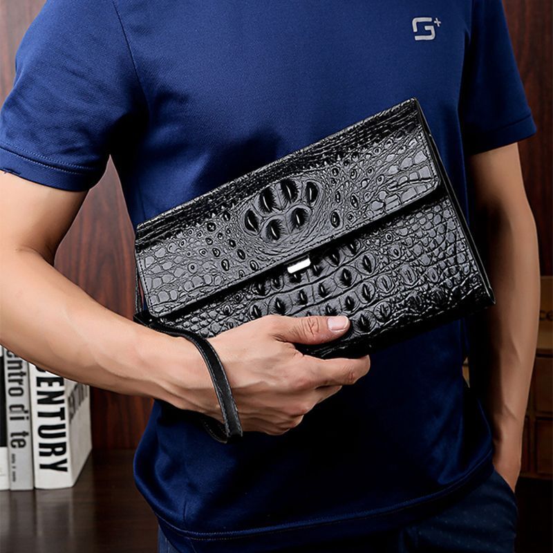 Crocodile Pattern Genuine Cow Leather Envelope Bag Men Clutch Wristlets Bag Men