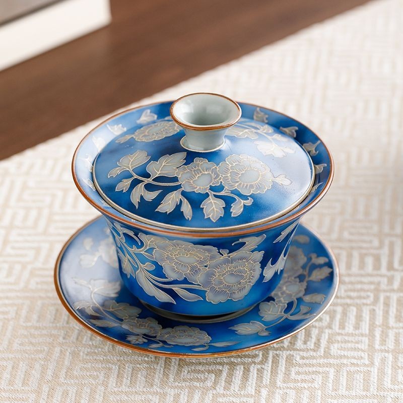 Chinese Jingdezhen Silver Blue White Peony Gaiwan 150ml Kung Fu Tea Bowl