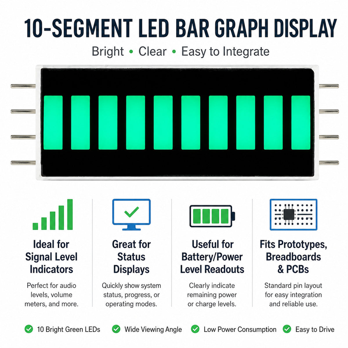 10-Segment Green LED Bar Graph Display, Dual In-Line 0.1" Pin Spacing