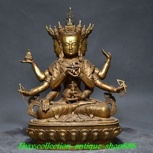 12" Old Tibet Bronze Gilt 3 Head 8 Arms Namgyalma & Ushnishavijaya Buddha Statue