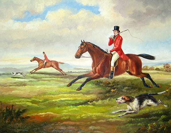 Charming oil painting male portrait count horseman on red horse with dog Hound