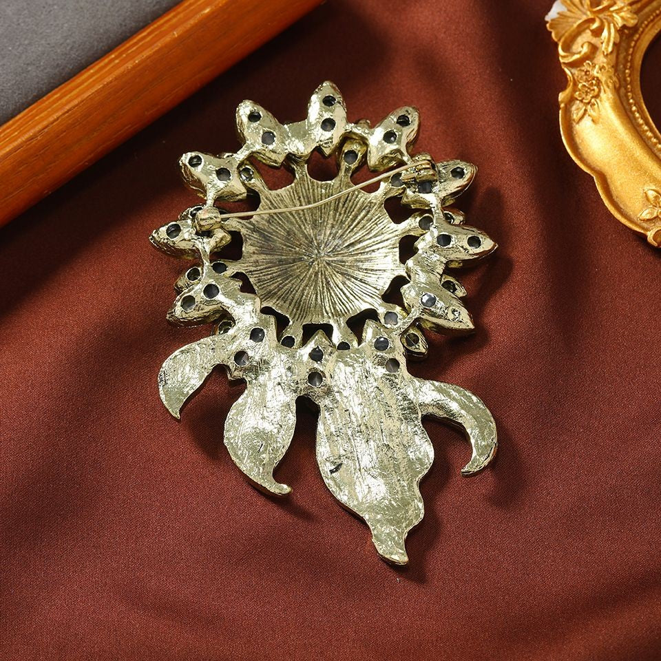 Vintage Sunflower Brooch 10.6×6.8cm Crystal Paved Oversized Lapel Pin Jewelry