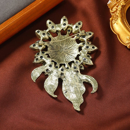 Vintage Sunflower Brooch 10.6×6.8cm Crystal Paved Oversized Lapel Pin Jewelry