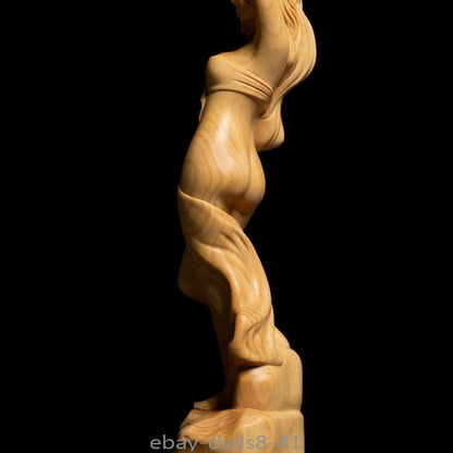 7" Boxwood Carved Girl Statue Beauty Model Hair Woman Home Decor