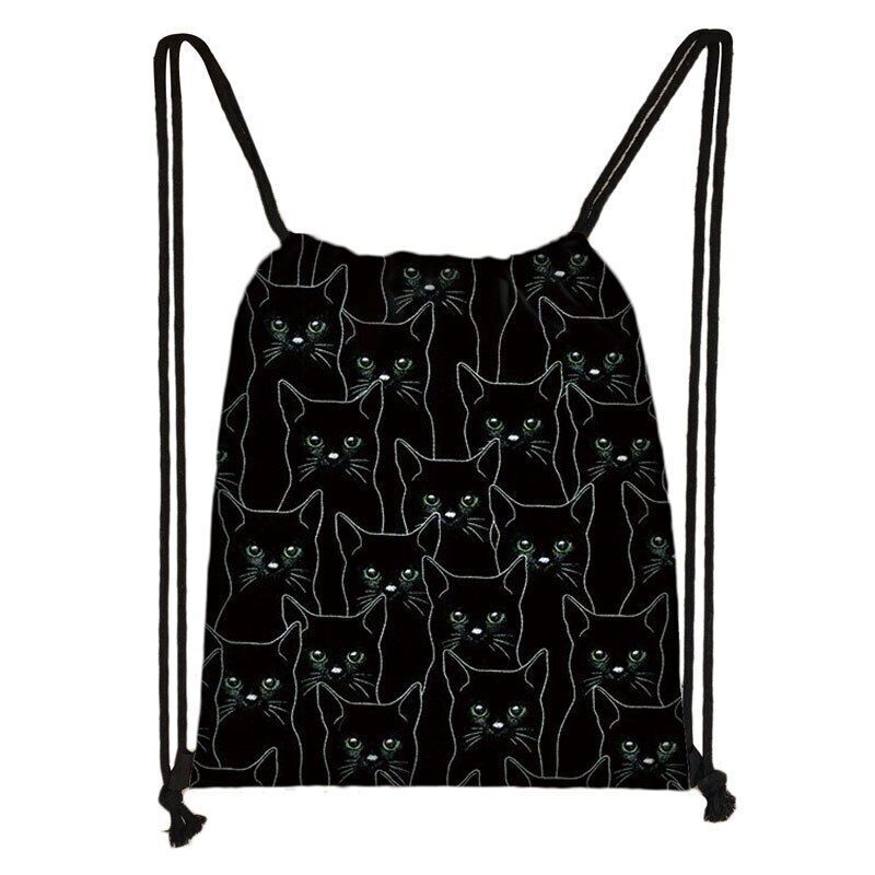 Black Cat Drawstring Bag Women Shopping Purse Canvas Travelling Bag Backpack 1PC