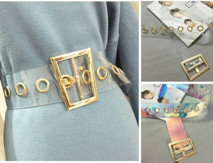Women Transparent Belts Trapezoid Gold Metal Buckle Wide Dress Jeans Waistbands