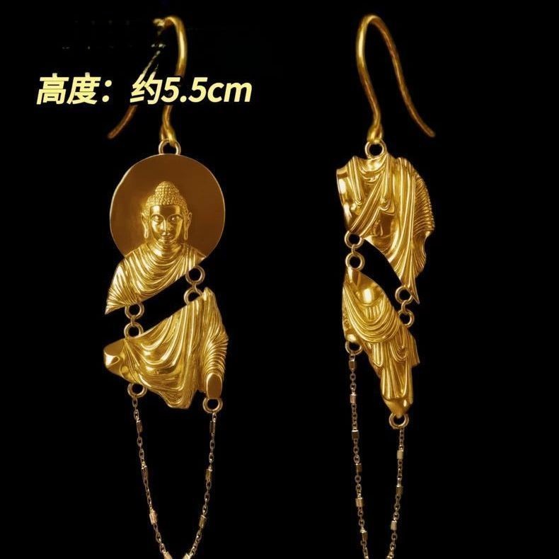 Vintage Asymmetrical Gandhara Fragment Earrings Luxury Gold Dangle Pair