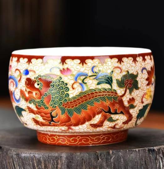 3.2" Chinese Colour Enamels Porcelain Animal Foo Fu Dog Lion Tea Wine Cup Bowl