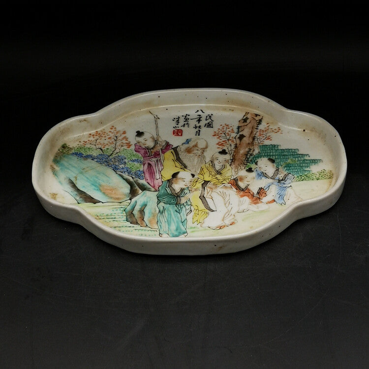 23cm Chinese Old Famille Rose Porcelain Figure Stories Pattern Plate Tea Tray