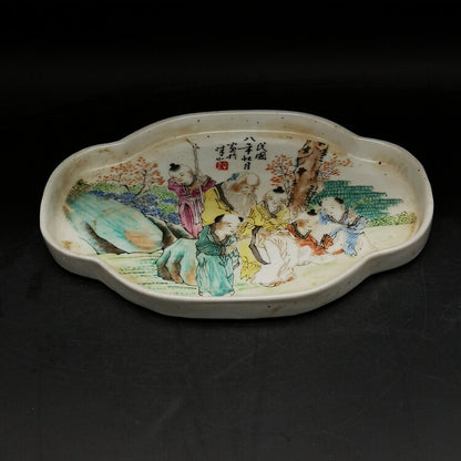 23cm Chinese Old Famille Rose Porcelain Figure Stories Pattern Plate Tea Tray