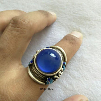Antique Old Chinese Cloisonne Silver Inlay Gems Flower Jewelry Figure Ring