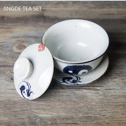 Retro Handmade Tea Bowl Jingdezhen Ceramic Gaiwan Chinese Tea Maker Cover Teacup