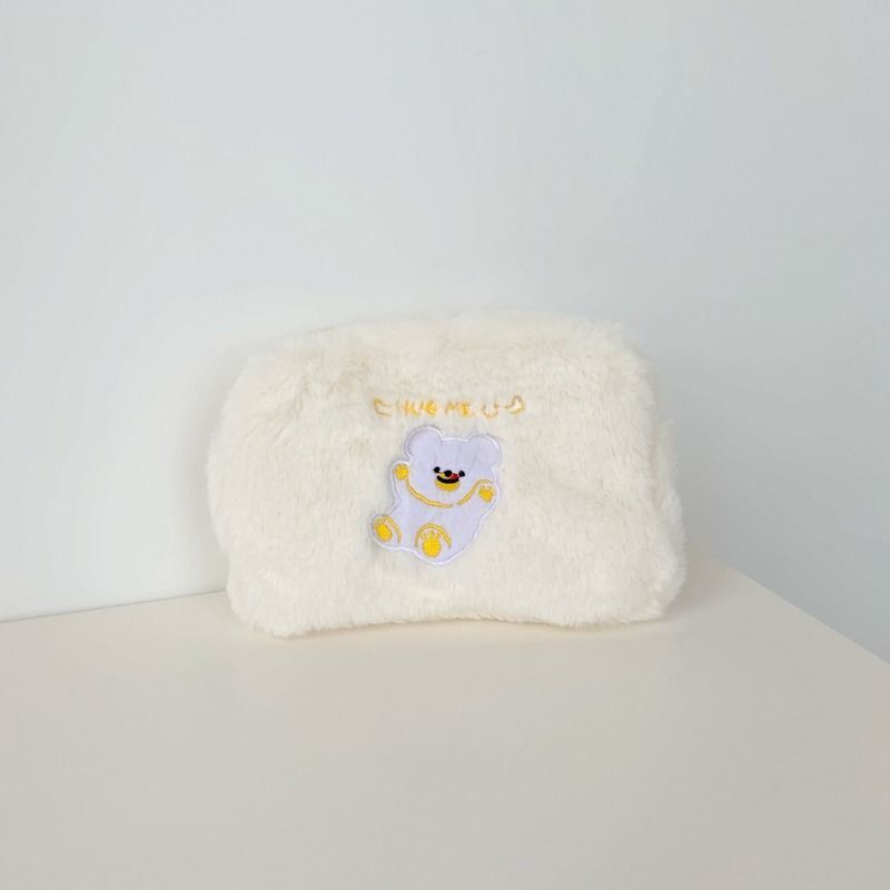 Embroidery Bear Plush Cosmetic Bag Makeup Organizer Toiletries Storage Pouch 1PC