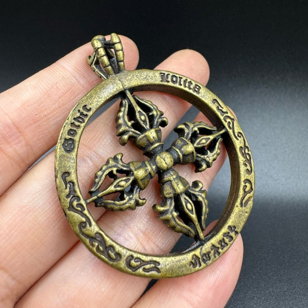 Vintage Tibetan China Brass Collection Cross Vajra Amulet Lucky Pendant Gift