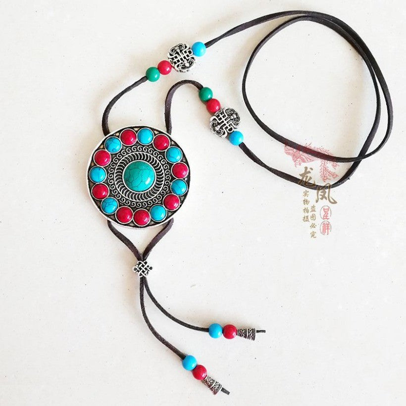 Ethnic Style Leather Rope Sweater Chain Vintage Handmade Long Necklace Boho