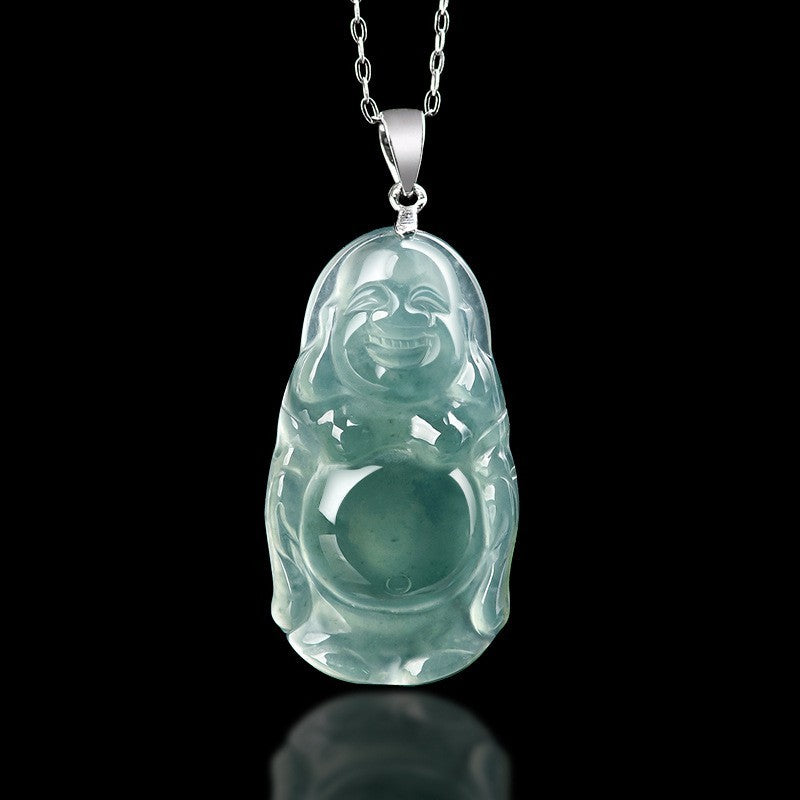 Natural Grade A Jade Jadeite Carving Maitreya Buddha Blessing Necklace Pendant