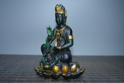 Collect old Chinese coloured glaze gilt hand made lotus Guanyin budddha statue