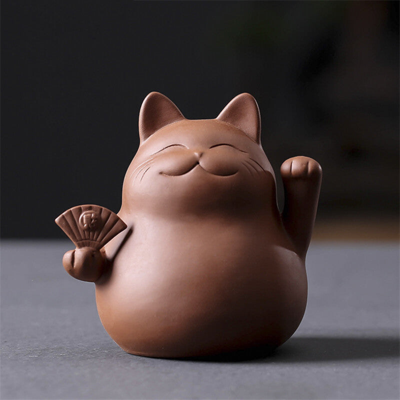 Purple Clay Lucky Cat Tea Pet Handmade Cute Small Animal Figurines Creative