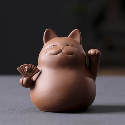 Purple Clay Lucky Cat Tea Pet Handmade Cute Small Animal Figurines Creative