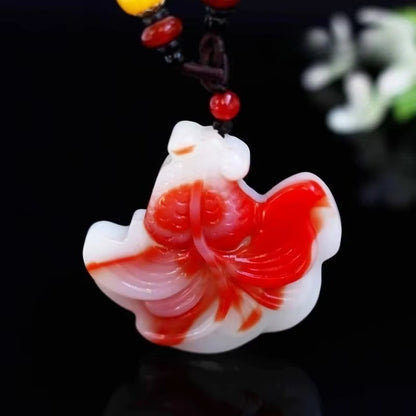 New Natural Jade Red White Hand Carved Goldfish Pendant Jewelry Necklaces